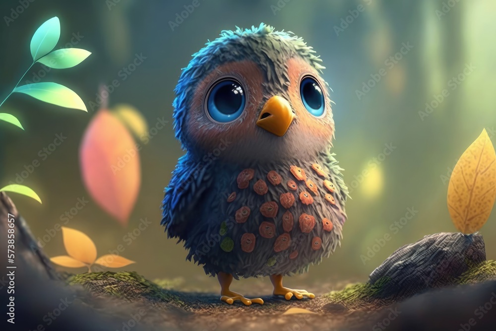 Obraz premium a cute adorable bird character stands in nature in the style of children-friendly cartoon animation fantasy generative ai 3D style Illustration 