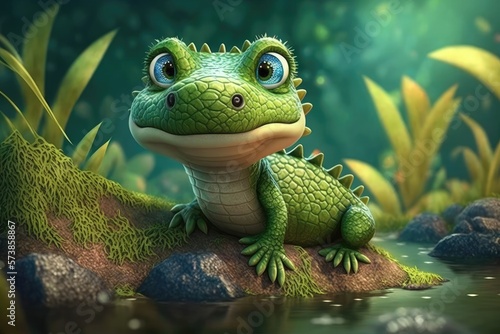 a cute adorable crocodile character  stands in nature in the style of children-friendly cartoon animation fantasy generative ai 3D style Illustration   © Ecleposs