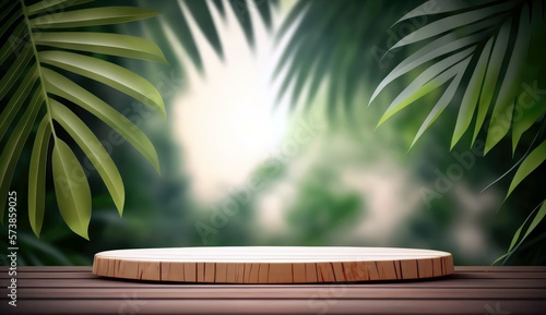 Wooden product display podium with nature blurred leaves background. Generative ai