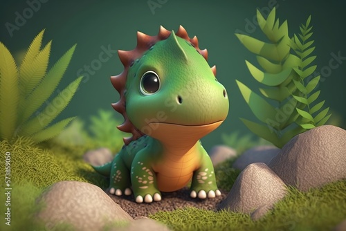a cute adorable dinosaur character stands in nature in the style of children-friendly cartoon animation fantasy generative ai 3D style Illustration © Ecleposs