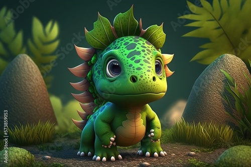 a cute adorable dinosaur character stands in nature in the style of children-friendly cartoon animation fantasy generative ai 3D style Illustration © Ecleposs