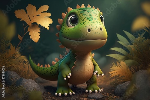 a cute adorable dragon character  stands in nature in the style of children-friendly cartoon animation fantasy generative ai 3D style Illustration   © Ecleposs