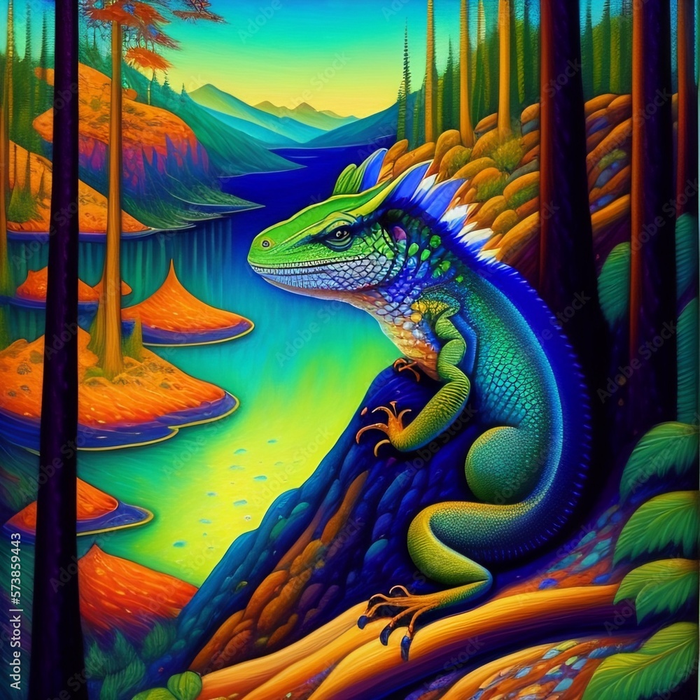 Lazarus lizard crawling on the rock, background river, hill and trees, created with Generative AI technology Lazarus lizard crawling on the rock, background river, hill and trees, created with Generative AI technology