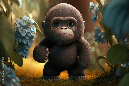 a cute adorable gorilla character stands in nature in the style of children-friendly cartoon animation fantasy generative ai 3D style Illustration 