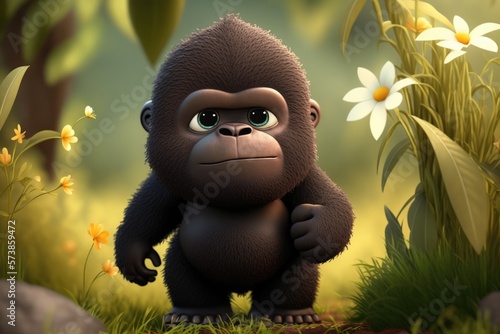 a cute adorable gorilla character  stands in nature in the style of children-friendly cartoon animation fantasy generative ai 3D style Illustration 	