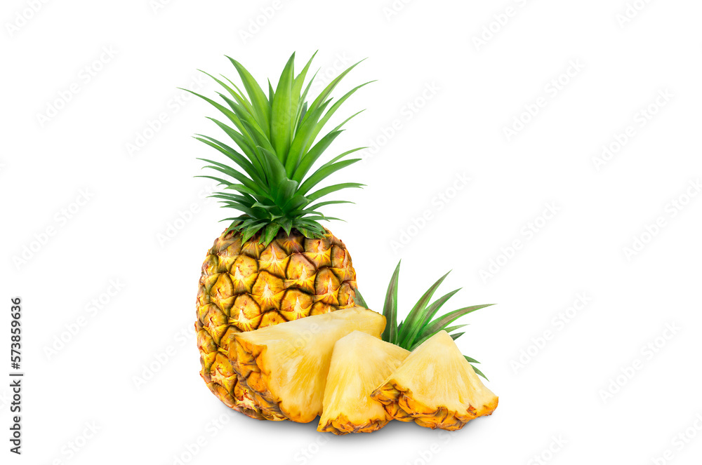 whole pineapple and pineapple slice. Pineapple with leaves isolated on transparent background with clipping path, single whole pineapple and pineapple slice. with clipping path and alpha channel.  - obrazy, fototapety, plakaty 