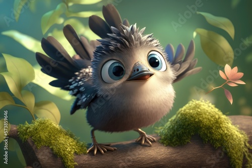 a cute adorable sparrow character stands in nature in the style of children-friendly cartoon animation fantasy generative ai 3D style Illustration 