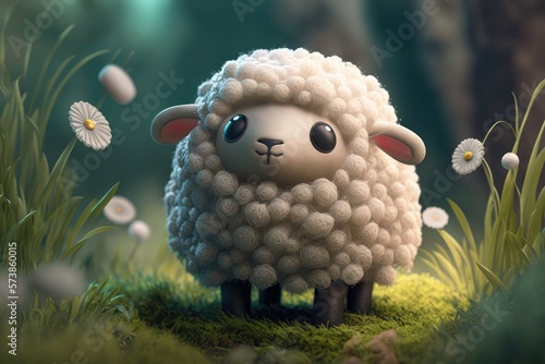 a cute adorable sheep character stands in nature in the style of children-friendly cartoon animation fantasy generative ai 3D style Illustration 