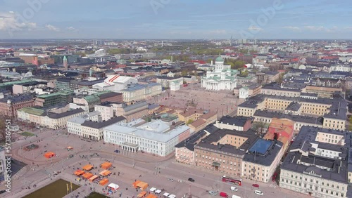 Helsinki: Aerial view of capital city of Finland in spring, Senate Square (Senaatintori) with Helsinki Cathedral (Helsingin tuomiokirkko) - landscape panorama of Northern Europe from above photo