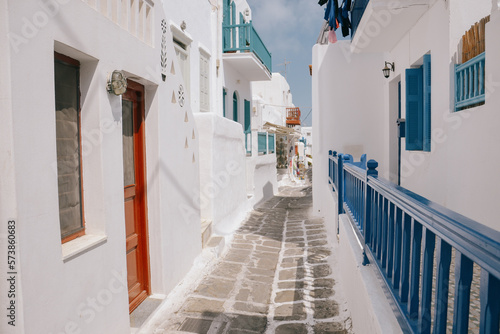 narrow street in village island of Mykonos, Greece,