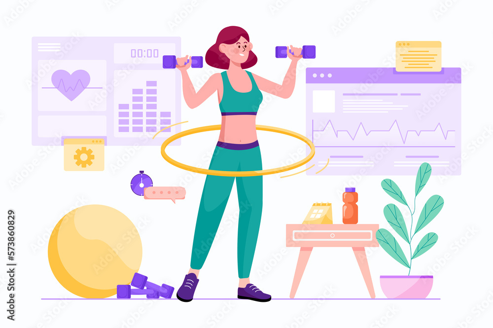 Fitness gym purple concept with people scene in the flat cartoon style. People do physical exercises on the gym to keep their body in a good shape.
