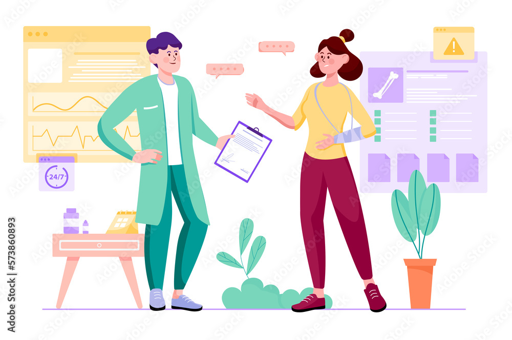 Medical purple concept with people scene in the flat cartoon style. Doctor explains to the patient which medicines need to be bought at the pharmacy.
