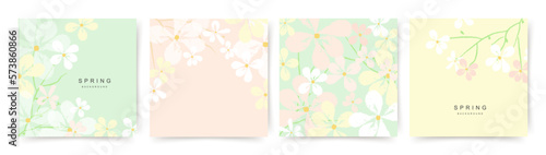 Spring abstract vector backgrounds with flowers, green branches and leaves. Art illustration for card, banner, invitation, social media post, poster, mobile apps, advertising