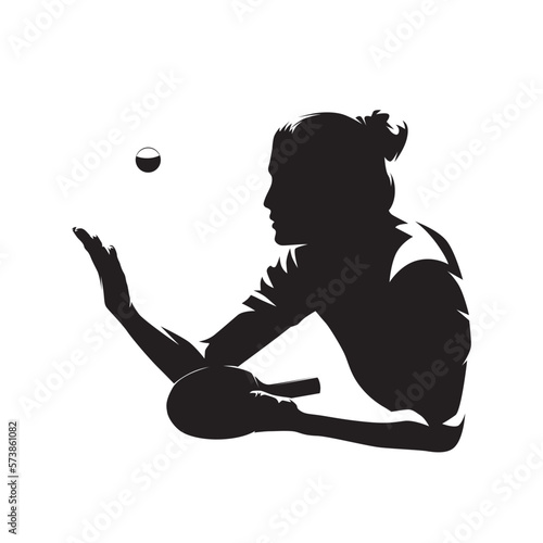 Table tennis serve, isolated vector silhouette, ink drawing. Ping pong female player. Active woman