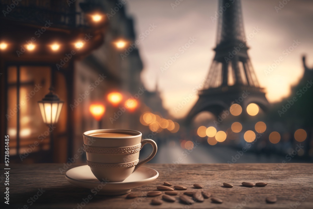 coffee cup in front of an illuminated street with the eiffel tower in the background, generative ai - obrazy, fototapety, plakaty 