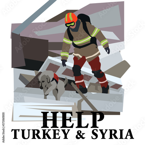 Earthquake in Turkey and Syria. Pray for Turkey and Syria. The central fault line. Help Turkey and Syria. Banner rescuer with a dog is looking for people under the rubble. We will help the whole world