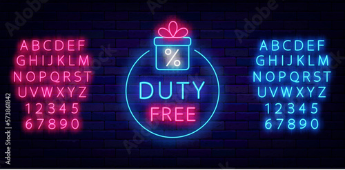 Duty free neon sign. Circle frame with gift box. Special offer airport design. Marketing promotion. Vector illustration