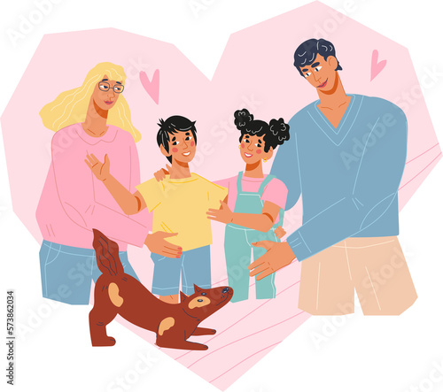 Parents with children and dog characters for concept of happy family. Design for family day, holiday and anniversary greeting card or banner.