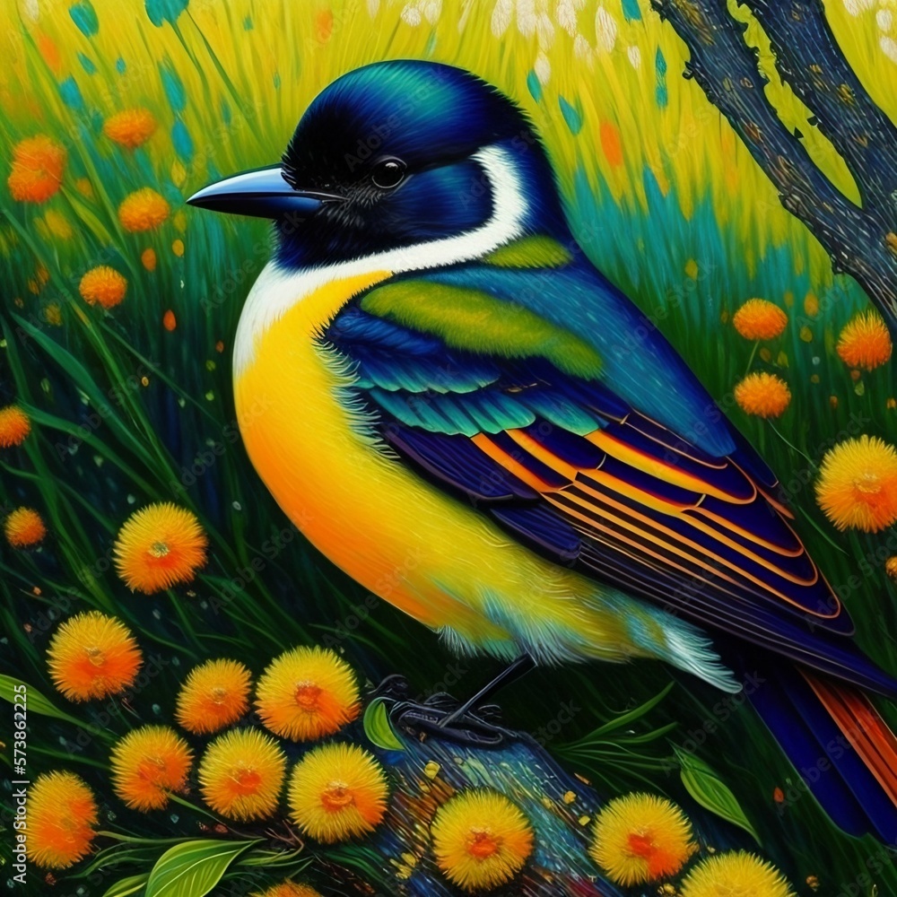 Obraz premium Eastern kingbird perched on a stump, surrounded with flowers. created with Generative AI technology