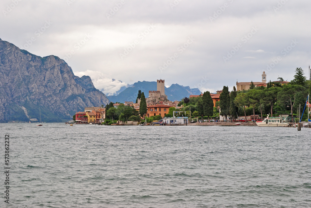 View of Lake Garda and Town of Malcesine with Distant Mountains 