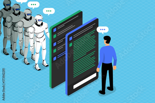 Artificial Intelligence open chat. AI conversation with robot and machine learning.Vector illustration. 
