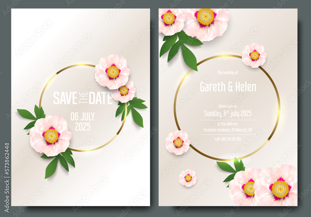 Floral wedding invitation card template design, white peony flower with leaves and golden circle logo frame. Gold round frame, flower, green leaf on creamy background. Greeting card, invitation Floral wedding invitation card template design, white peony flower with leaves and golden circle logo frame. Gold round frame, flower, green leaf on creamy background. Greeting card, invitation