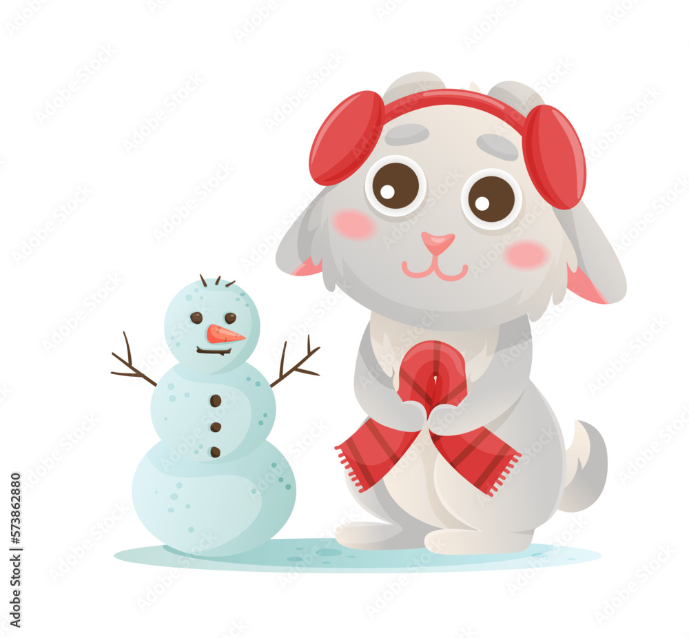 Winter bunny characters. Cute cartoon rabbit playing in winter forest. Snowman, hat, scarf. Winter bunny characters. Cute cartoon rabbit playing in winter forest. Snowman, hat, scarf.