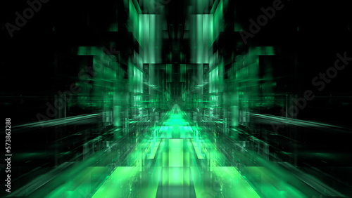 Digital interior building portal podium. Hi tech Abstract data center server tonel. Business technology blurred Polygonal geometric digital cyberpunk space, color light. 3D render