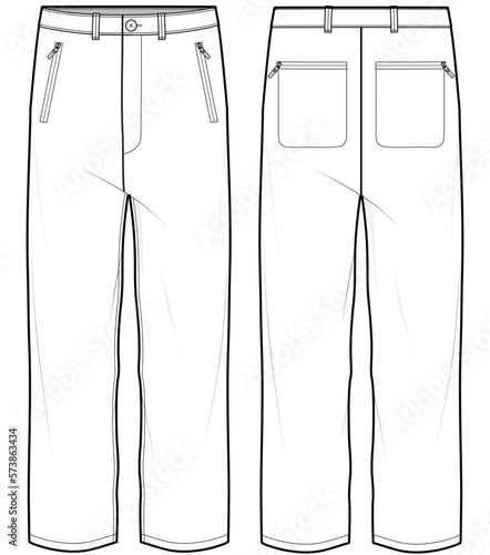 mens chino pant with zipper pockets fashion flat sketch vector illustration front and back view mens casual wear pant technical cad drawing template