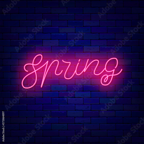 Spring neon lettering. Season evening. Pink event advertising on brick wall. Vector stock illustration