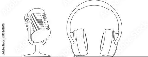 continuous single line drawing of microphone and headphones, podcast concept, line art vector illustration
