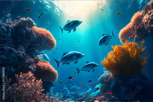 Murais de parede Aqua scene with corals and many fish on blue underwater background