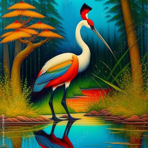  Sarus crane in the water, background misty forest, created with Generative AI technology photo