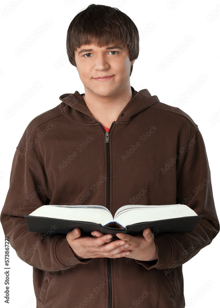Portrait of smiling student man with book isolated on white background Portrait of smiling student man with book isolated on white background