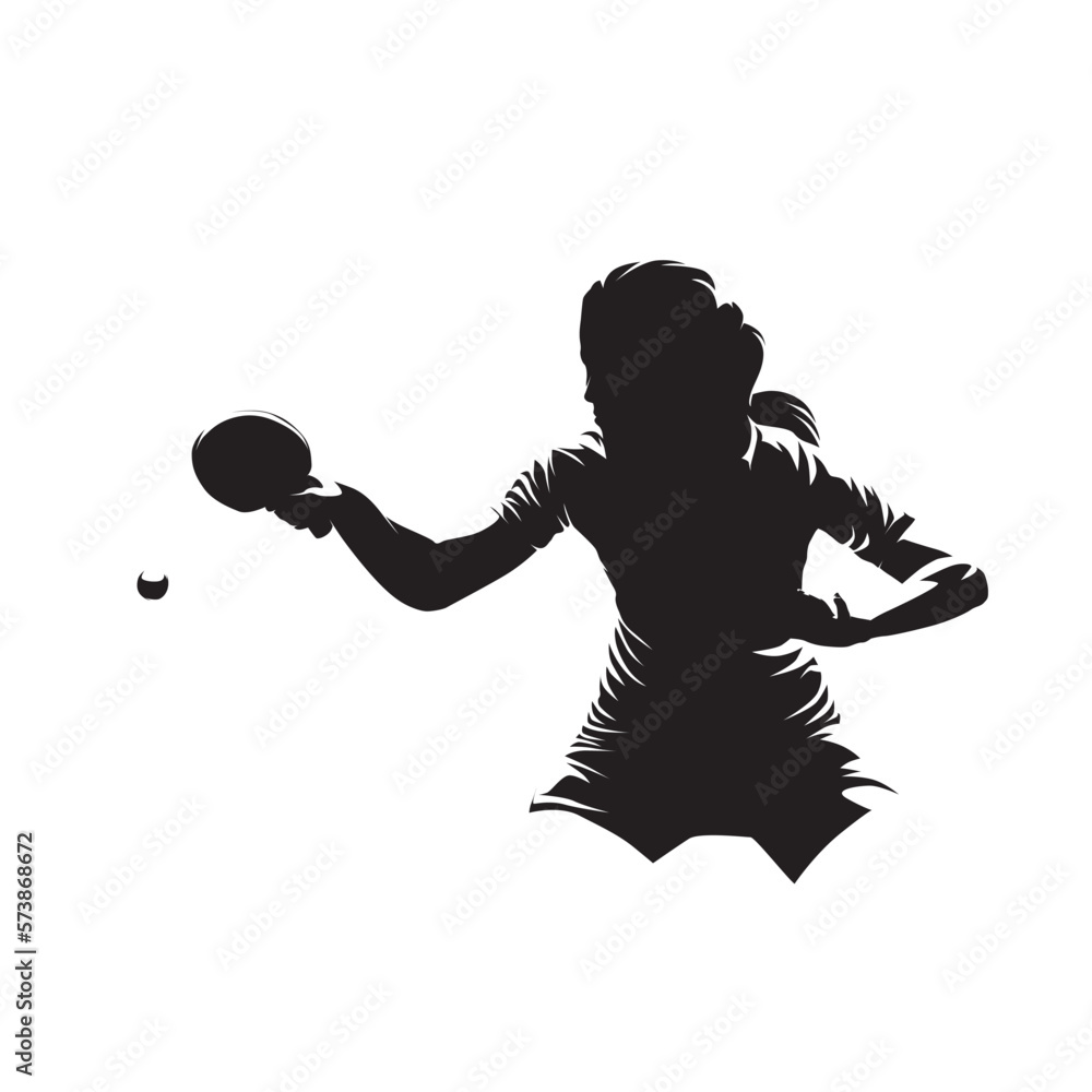 Woman playing table tennis, ping pong isolated vector silhouette, ink