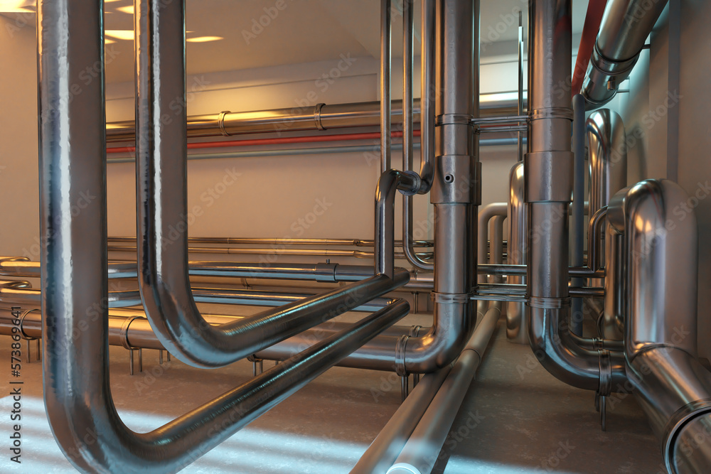 Plumbing pipe system. Steel pipe plumbing in concrete room. Pipeline for drinking water supply. Sewer pipes in small room. Concept of installation and maintenance of plumbing tubing. 3d rendering.