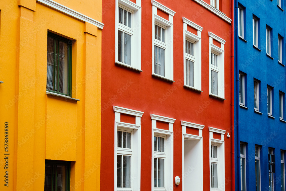 Germany street, facades, bright juicy colors. Red, blue, yellow.