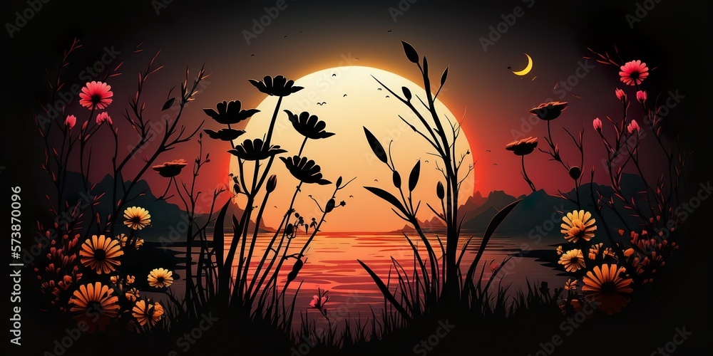 The Beautiful sunset landscape illustration with a Halloween night background and flowers' natural view. Generative AI