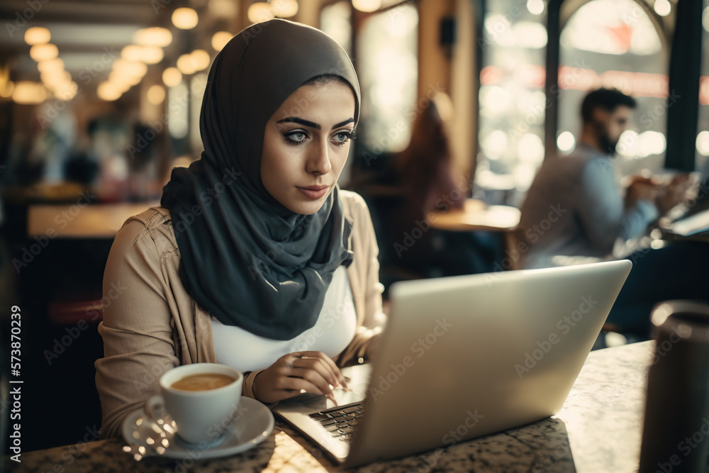 Multitasking Muslim, Juggling Work and Life in a Busy Cafe Bar. Generative AI illustration. Multitasking Muslim, Juggling Work and Life in a Busy Cafe Bar. Generative AI illustration.