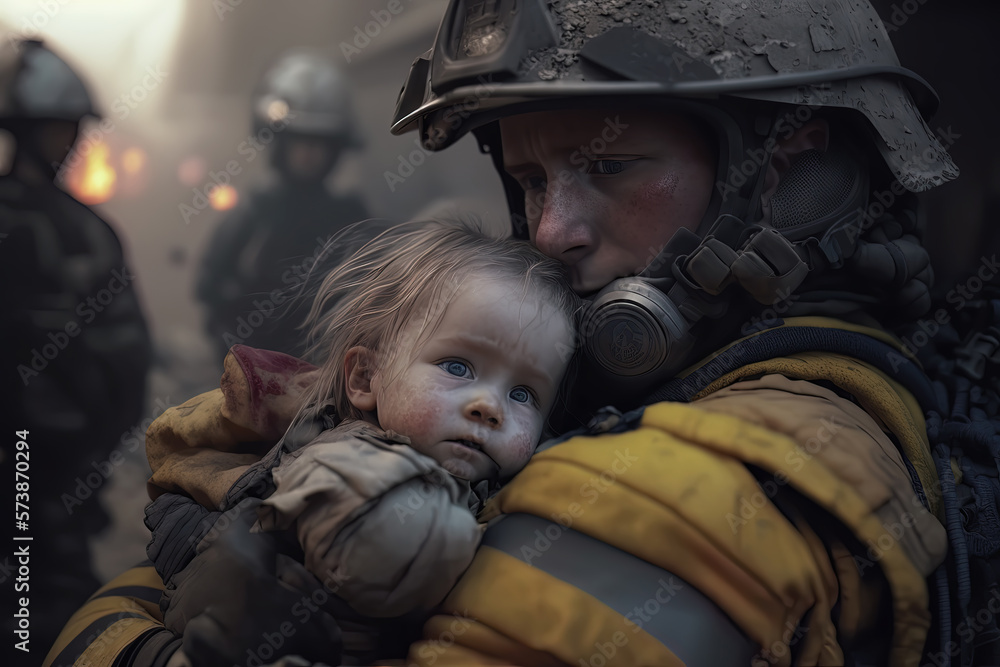 Emotional image of a volunteer firefighter tenderly holding a baby rescued from an earthquake. Concept of solidarity and humanitarian aid against natural disasters. AI generated art - obrazy, fototapety, plakaty 