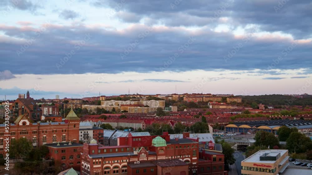 Urban Aerial skyline sunset timelapse city Goteborg with residential buildings Urban Aerial skyline sunset timelapse city Goteborg with residential buildings