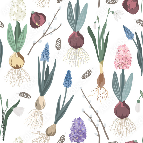 Blooming first spring flowers lie without a pot on white background, vector seamless pattern. Hyacinths, snowdrops and muscari plants waiting for transplant.