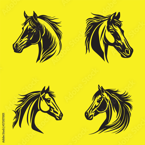 Cute Horse face Icon set black outline vector isolated on yellow background, horse head vector drawing