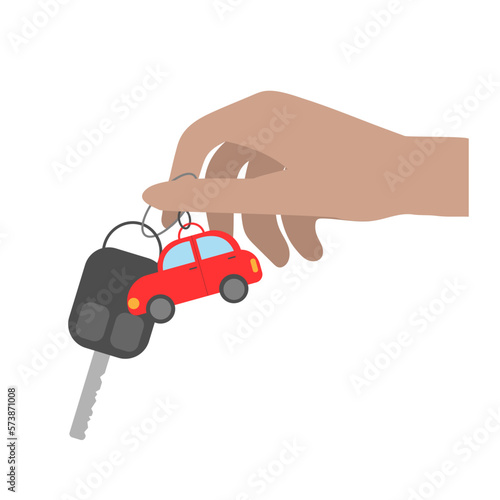 Hand with car keys with a red key fob on a white background. clip art