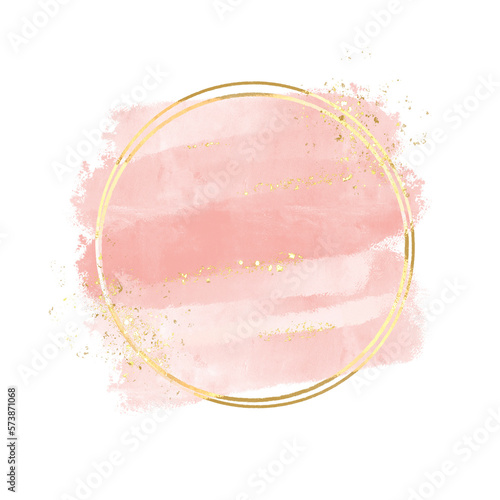 Pastel rose or pink watercolor brush stroke splash with luxury golden square or circle frame and glitter gold lines round contour frame for banner or logo wedding elements, png file