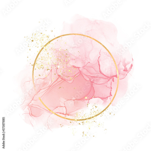 Pastel rose or pink watercolor brush stroke splash with luxury golden square or circle frame and glitter gold lines round contour frame for banner or logo wedding elements, png file