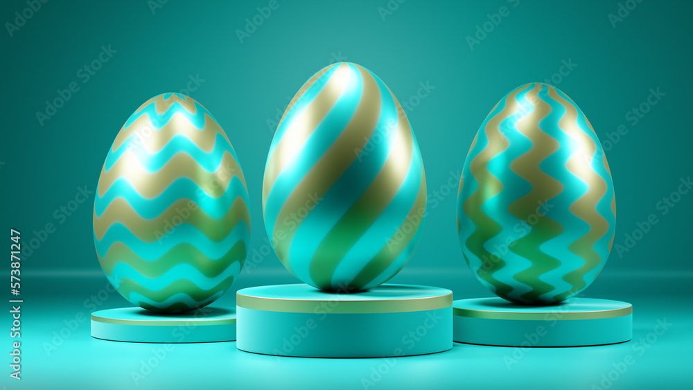 Three easter eggs on podiums, turquoise blue background.Close up 3d rendering