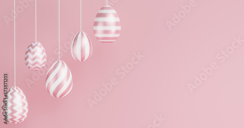 Easter eggs hang on a pink background. Banner 3d rendering