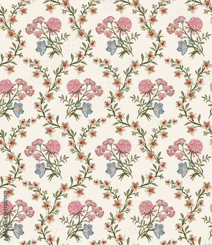 Seamless pattern. Beautiful blooming realistic isolated flowers. Vintage background. Set Clover Bluebells Heliotrope wildflowers. Damascus Wallpaper. Drawing engraving. Vector victorian Illustration