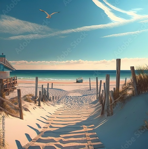 Path to North sea beach with boat on sand and gull in blue sky Generative AI
